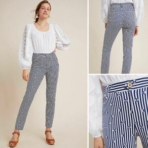 Anthropologie the essential slim trouser pants in blue and white pattern size 6